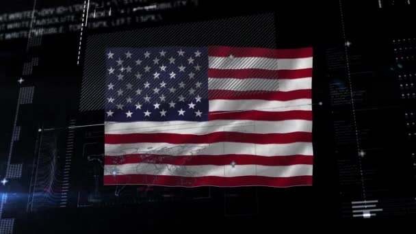Animación Del Procesamiento Datos Diagramas Sobre Ondeando Bandera Estados Unidos — Vídeo de stock
