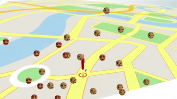 Animation d'icônes emoji numériques flottantes sur la carte avec des directions. Social networking global connections concept image générée numériquement.