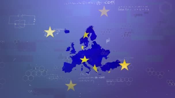 飘浮在欧洲上空的化学结构的动画 由飘扬的星辰摇曳着的欧盟旗帜组成 欧洲联盟旗帜和假日概念数字组成 — 图库视频影像