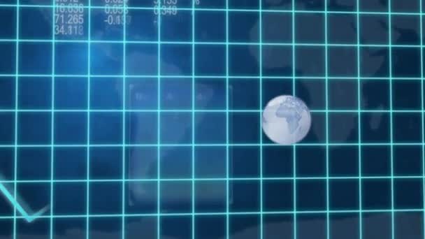 グラデーションの青の背景にグリッド上に記録された地球の回転 財務データ処理 統計のアニメーション グローバルファイナンスとビジネスコンセプトデジタル的に生成されたイメージ — ストック動画
