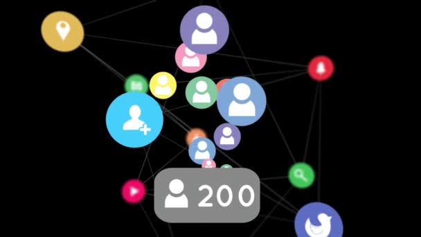 Animation Increasing Numbers Icons Floating Web Connections Black Background Social — Stock Video