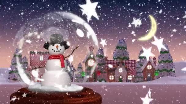 Animación Estrellas Nieve Cayendo Con Paisaje Invernal Muñeco Nieve Globo — Vídeos de Stock