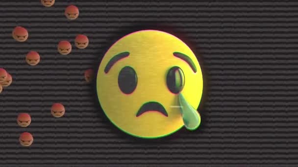 Animation d'une icône emoji numérique jaune sur des icônes emoji numériques flottantes sur le fond noir. Social networking global connections concept image générée numériquement.