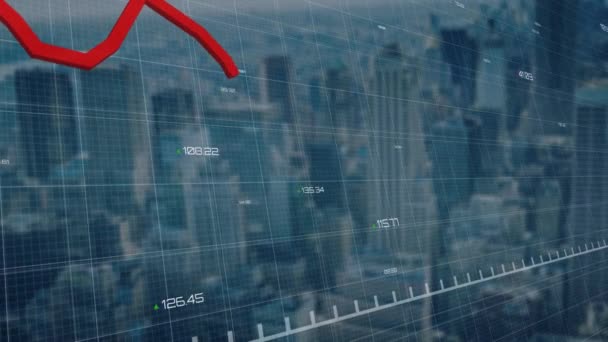 Pénzügyi Adatok Feldolgozásának Statisztikai Adatrögzítésnek Animációja Piros Vonallal Városképpel Háttérben — Stock videók