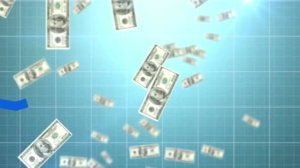 Анимация Обработки Финансовых Данных Статистики Тремя Синими Линиями Банкнотами Долларах — стоковое видео