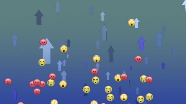 Animación Iconos Emoji Digitales Flotantes Sobre Flechas Apuntando Hacia Arriba — Vídeos de Stock