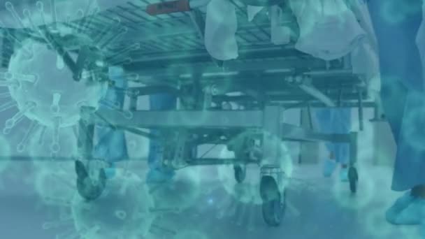 Анімація Клітин Макросу Covid Плавають Над Низьким Рівнем Зору Працівників — стокове відео