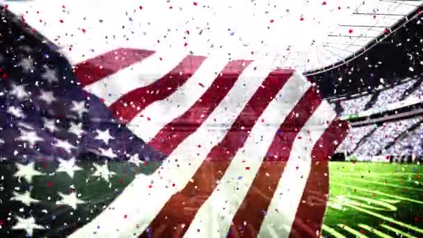 アメリカ国旗のアニメーションが手を振ってスタジアムの上に落ちてくる 米国の国旗と休日のコンセプトデジタル組成物 — ストック動画