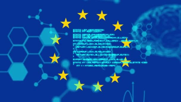 Animação Bandeira União Europeia Com Estrelas Movimento Sobre Estruturas Químicas — Vídeo de Stock