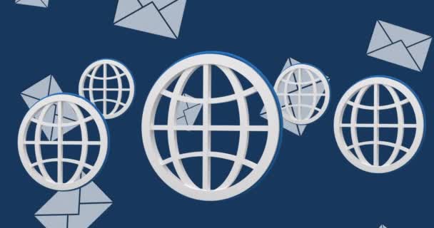 Анімація Плаваючих Іконок Глобусів Над Падаючими Конвертами Синьому Фоні Концепція — стокове відео