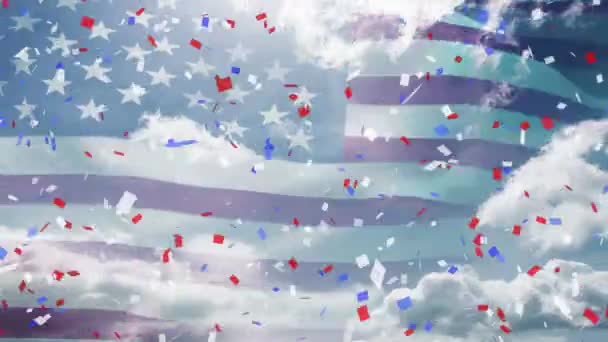 Animación Caída Confeti Sobre Bandera Estados Unidos Ondeando Con Nubes — Vídeo de stock