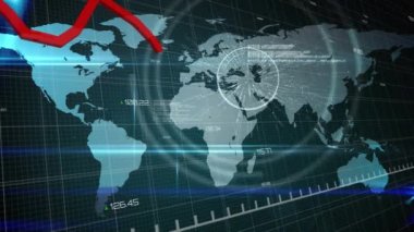 Arka planda kırmızı çizgi simge ağı ve dünya haritası ile finansal veri işleme ve istatistik kaydının animasyonu.