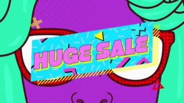 Dev Satış kelimesinin animasyonu, sarı arka planda güneş gözlüğü takılı, hareketli dijital yüzlü, çok renkli pankartta pembe harflerle yazılmış. Vintage perakende konsepti dijital olarak oluşturulmuş görüntü.