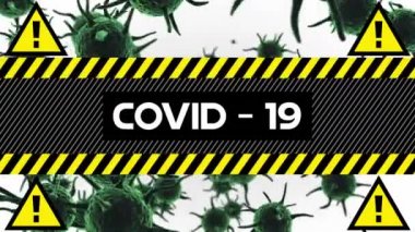 Siyah ve sarı çizgili animasyonlar, COVID-19 kelimesi ve arka planda yüzen makro hücre modellerinin üzerine düşen dikkat işaretleri. Coronavirus Covid-19 pandemik konsept dijital bileşik