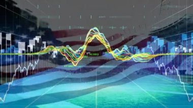 Veri işleme ve dalgalanan diyagramların ABD bayrağı üzerinde canlandırılması. Amerika Birleşik Devletleri bayrağı ve tatil konsepti dijital kompozisyon.