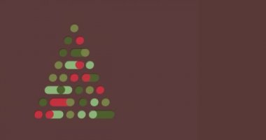 Kahverengi arka planda renkli daireler ve geometrik şekillerle oluşturulan dijital Noel ağacının animasyonu. 