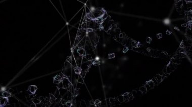 Siyah zemin üzerinde parlayan 3 boyutlu DNA iplikçiklerinin ve pleksus ağının animasyonu. Küresel bilim tıbbı genetik kavramı dijital olarak oluşturulmuş görüntü.