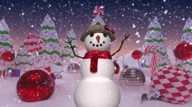 Kış manzarası ile düşen kar tanelerinin animasyonu ve arka planda sallanan kardan adam, mücevherler ve şeker kamışları. Noel kutlaması ve şenlik konsepti dijital olarak oluşturuldu.