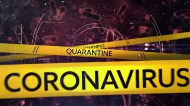 QuaranTINE ve CORONAVIRUS kelimelerinin arka planda yüzen makro hücre modellerinin üzerine düştüğü siyah ve sarı çizgilerin animasyonu. Coronavirus Covid-19 pandemik konsept dijital bileşik