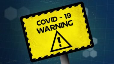 Siyah kelimeli sarı dikkat işareti COVID-19 ve UYARI mavi arkaplanda çizelgeler ve verilerle yanıp sönüyor. Coronavirus Covid-19 pandemik konsept dijital bileşik.