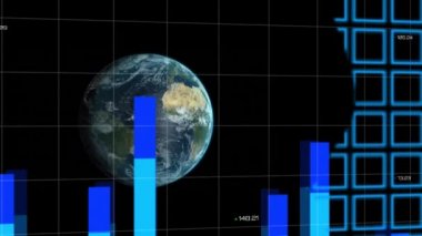 Arka planda dönen dünya haritası ve küresi ile finansal veri işleme ve istatistik kaydının animasyonu. Küresel iş ve finansman kavramı dijital olarak oluşturulmuş görüntü.