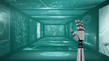 Tıbbi veri işlemenin animasyonu, DNA ipliği ve insan vücudu dönüşümü ve robot kolu dijital ekranları açıyor. Tıp bilimi konsepti dijital olarak oluşturulmuş görüntü.