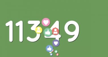 Yeşil arkaplanda yükselen sayılar üzerinde yüzen dijital emoji simgelerinin canlandırılması. Dijital olarak oluşturulmuş görüntü sosyal ağ küresel bağlantılar kavramı.