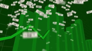 Finansal veri işleme ve istatistik kayıtlarının canlandırılması ve arka planda yeşil çizgi yükselmesi ve Amerikan dolarları.