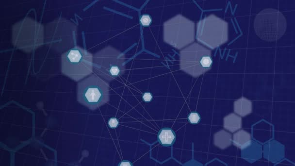 Animation d'icônes flottantes avec toile de connexions en arrière-plan bleu. Concept global de réseau et de connexion image générée numériquement.