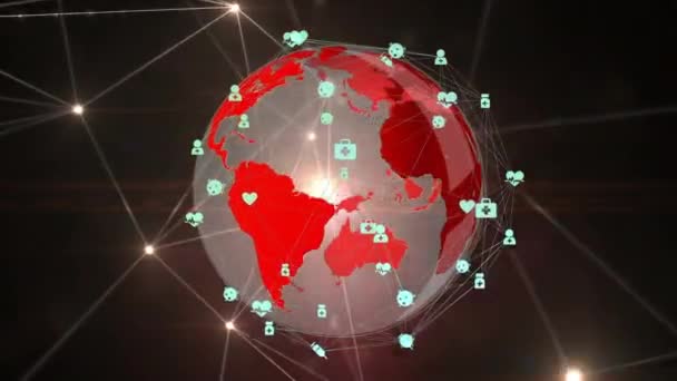 赤と黒の背景につながりと社会的アイコンの網で回転する地球のアニメーション デジタルオンラインセキュリティコンピュータインターフェースの概念デジタル生成 — ストック動画