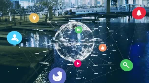 Animation d'icônes flottant avec toile de connexions et globe tournant sur le paysage urbain. Concept global de réseau et de connexion image générée numériquement.