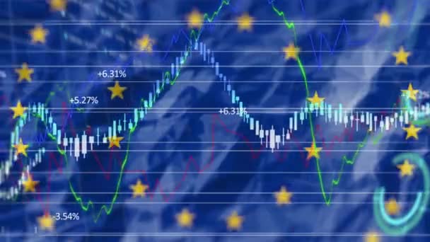 Animación Diagramas Flotantes Con Bandera Unión Europea Con Estrellas Movimiento — Vídeos de Stock