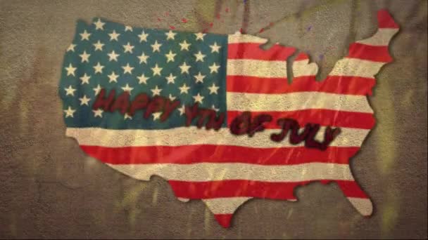 在美国上空飘扬的五彩纸屑的动画 由美国国旗摇曳着青草制成 美利坚合众国国旗和假日概念数字构图 — 图库视频影像