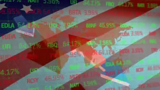 Animación Procesamiento Datos Flechas Mapa Del Mundo Sobre Ondear Bandera — Vídeos de Stock