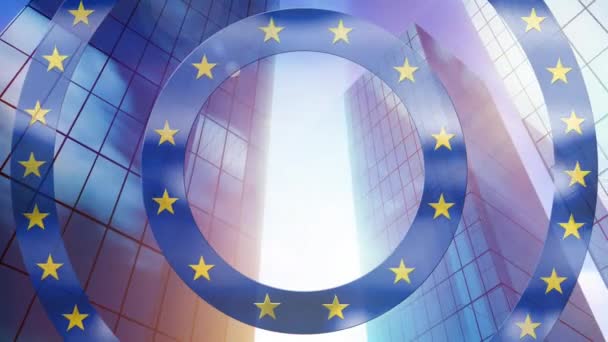Animace Pohyblivých Kruhů Vytvořených Vlajky Evropské Unie Městem Pozadí Digitální — Stock video