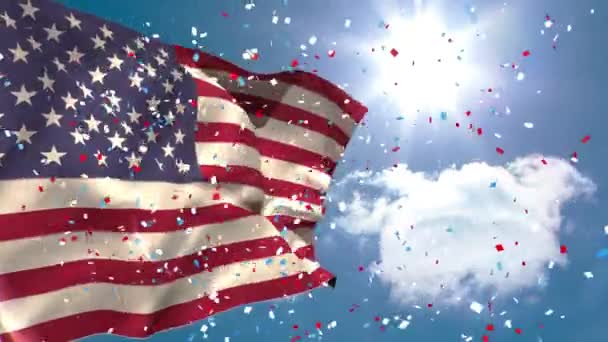 Animación Confeti Cayendo Sobre Bandera Estados Unidos Ondeando Con Cielo — Vídeo de stock