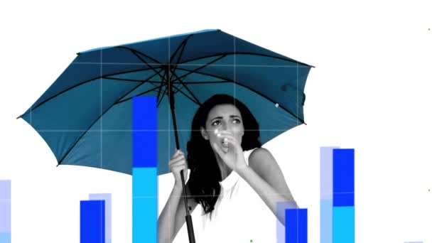 Animatie Van Gegevensverwerking Drijvende Diagrammen Wereldkaart Blanke Vrouw Met Paraplu — Stockvideo