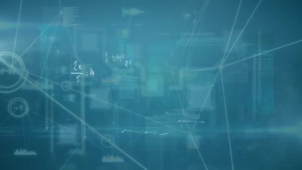 Animation d'équations mathématiques flottantes et réseau de connexions sur fond bleu. Concept d'interface numérique d'ordinateur de sécurité en ligne généré numériquement.