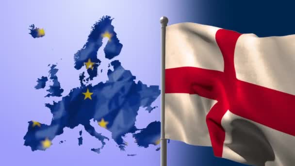 Animación Bandera Inglesa Ondeando Sobre Europa Hecha Bandera Unión Europea — Vídeos de Stock