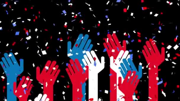Анимация Падения Конфетти Красные Белые Синие Руки Чёрном Фоне Флаг — стоковое видео