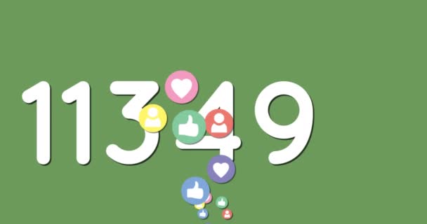 Animation Floating Digital Emoji Icons Numbers Increasing Green Background Social Stock Video