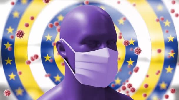 Animation Floating Coronavirus Cells Mannequin Human Wearing Face Mask Moving — Stock Video