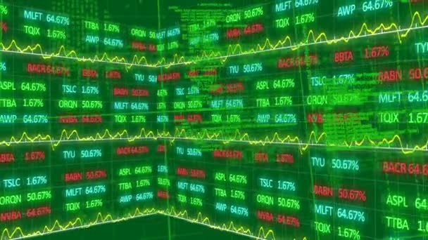 Animace Zpracování Finančních Údajů Burzy Zářícím Zeleném Pozadí Globální Finance — Stock video