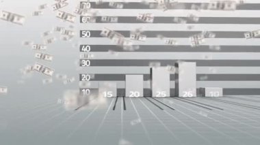 Amerikan dolarlarının yüzen banknotlarının animasyonu, istatistik kayıtları ve yukarı bakan kırmızı okla finansal veri işleme. Küresel finans ve iş konsepti dijital olarak oluşturulmuş görüntü.