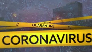 Siyah ve sarı çizgili animasyonlar UYARI, KARANTINE, CORONAVIRUS siyah arkaplanda yüzen makro hücre modellerinin üzerine düşüyor. Coronavirus Covid-19 pandemik konsept dijital bileşik