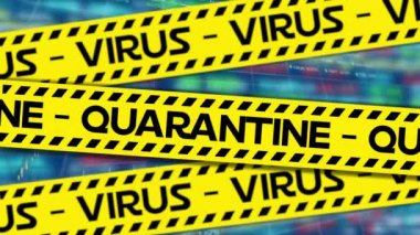 Siyah kelimeli sarı çizgilerin animasyonu VİRUS KARANTINE istatistiklerin üzerine düşüyor ve arka planda veri işleniyor. Coronavirus Covid-19 pandemik konsept dijital bileşik