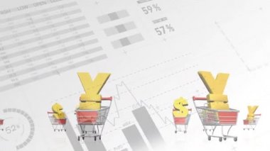 Amerikan dolarının animasyonu, Japon yeni, İngiliz sterlini ve Avrupa para birimi sembolleri mali bilgiler üzerinden alışveriş arabalarında.