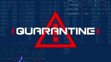 Mavi arkaplandaki işleme verilerinin üzerinde yanıp sönen beyaz kelimeli bir kırmızı tabelanın animasyonu. Coronavirus Covid-19 pandemik konsept dijital bileşik.