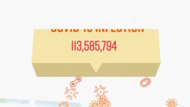 Covid-19 Enfeksiyonu 'nun animasyonu. Sayıları artıyor, iş kadını ve işkadını modern ofiste el sıkışıyor. Küresel finans ve Covid 19 salgın konsepti dijital bileşik.