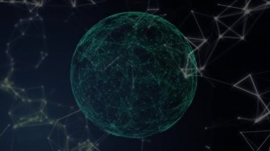 Küre dönüşünün animasyonu ve koyu mavi arka plandaki bağlantıların pleksus ağı. Küresel finans ve iş konsepti dijital olarak oluşturulmuş görüntü.